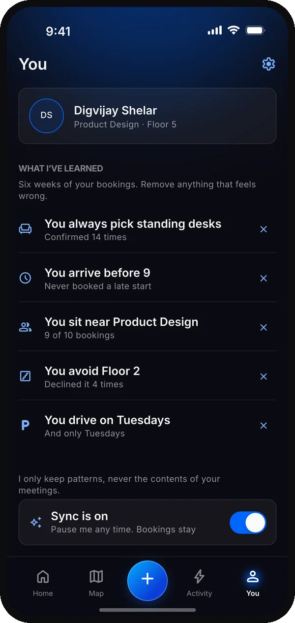 You tab: what Sync has learned, each removable, and the Sync is on switch