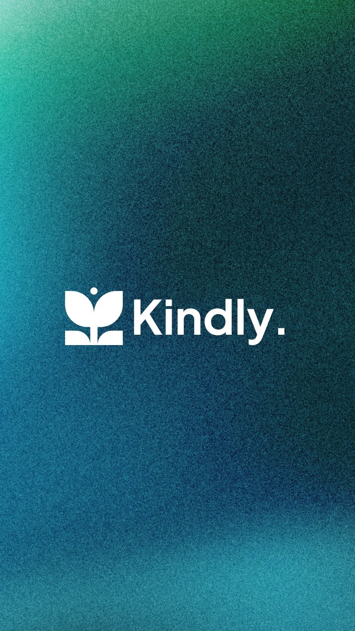 Kindly logo on vertical textured blue-green background.
