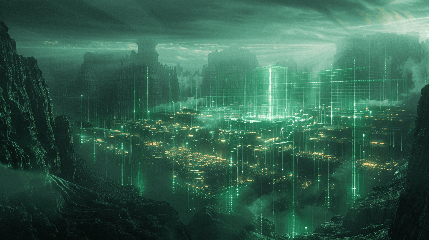 a vibrant decentralized city built organically by its people, full of activity, interaction, and growth, contrasted with a sterile empty digital interface grid with no activity