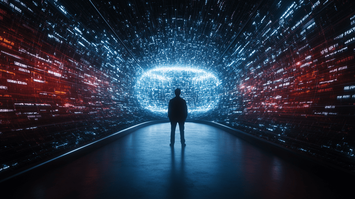 A 3D rendered futuristic scene with a person at the center surrounded by neural networks patterned screens displaying a multitude of languages, symbols, and colors, representing the fusion of AI and content localization technology