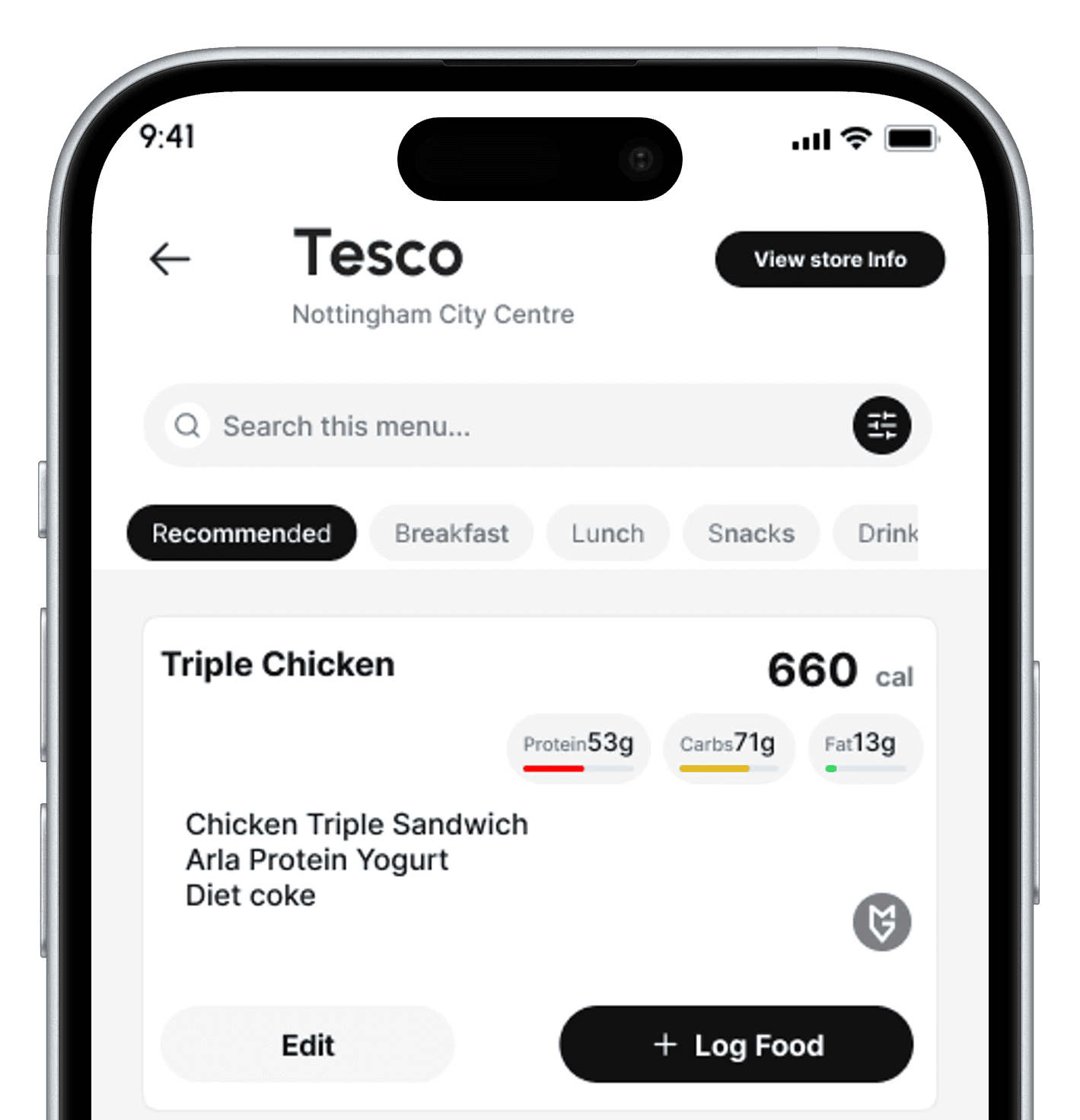 MyMacroGo one‑tap logging screen with verified macros for Pret items.