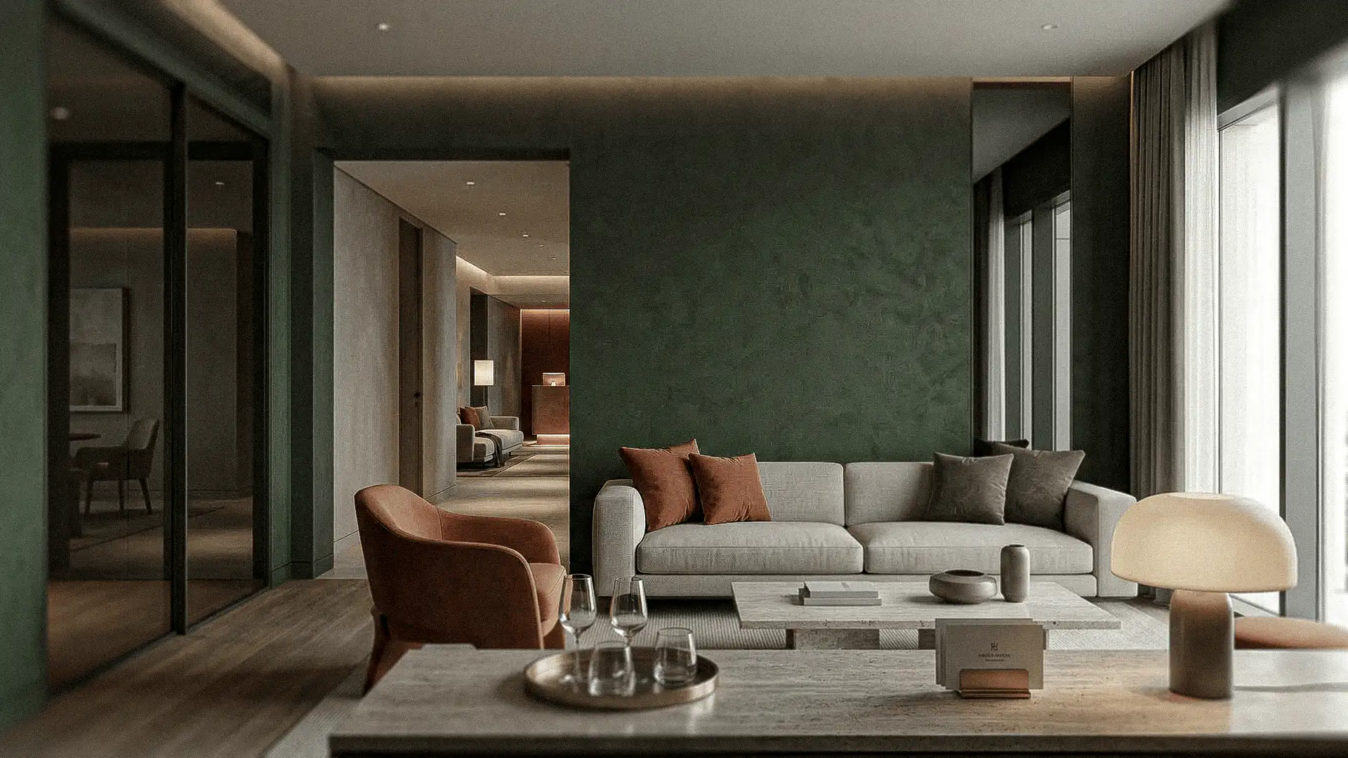 Interior de apartamento premium con diseño contemporáneo y acabados sofisticados en espacio residencial moderno.