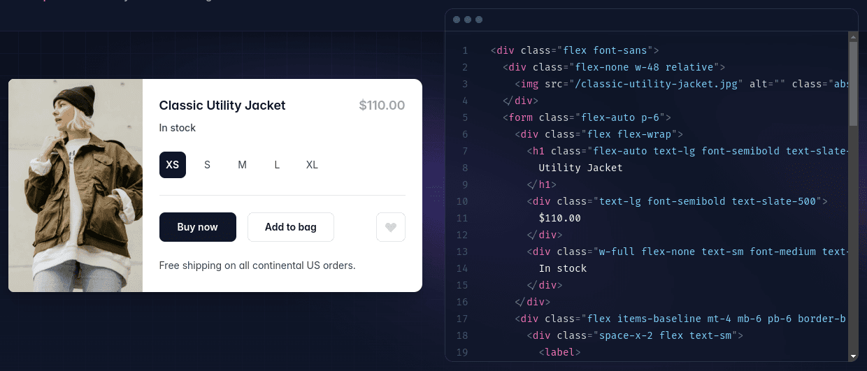 Comparaison entre le code HTML avec les classes Tailwind CSS à droite, et le rendu du code à gauche montrant un élément d'interface utilisateur pour un site e-commerce