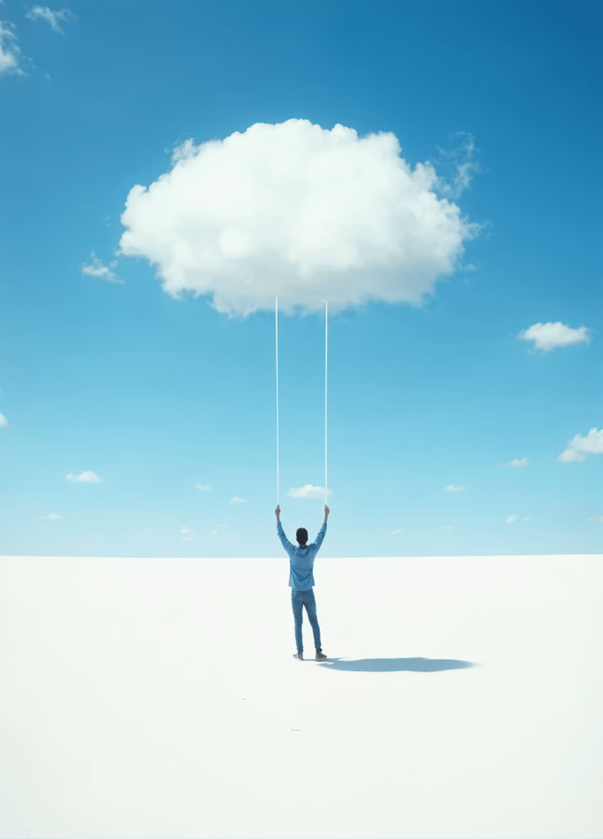 A surreal scene of a man in denim standing barefoot on a white expanse, holding strings that connect to a fluffy cloud in a bright blue sky