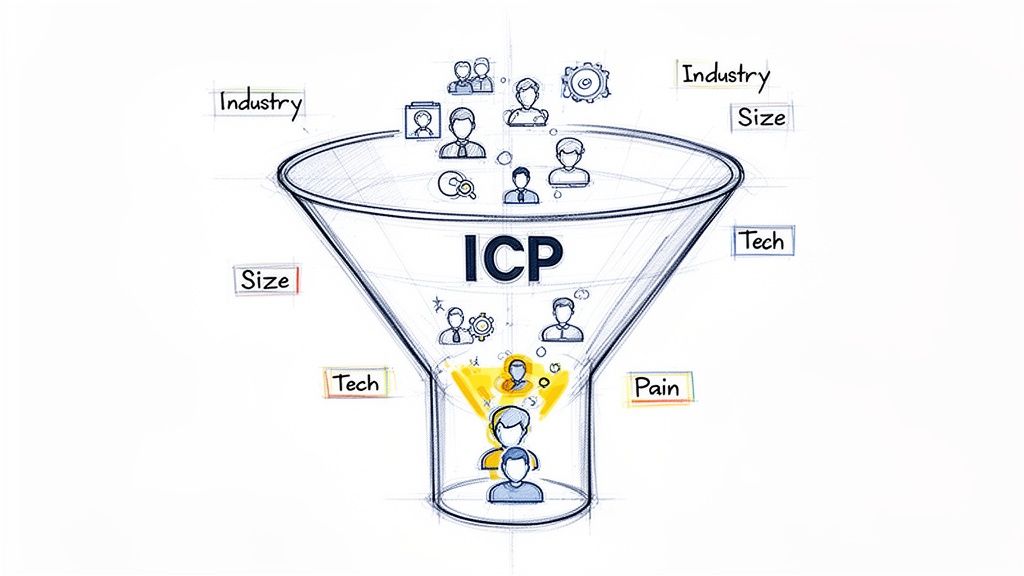 A marketing funnel graphic showing ICP filtering prospects by industry, size, tech, and pain points.