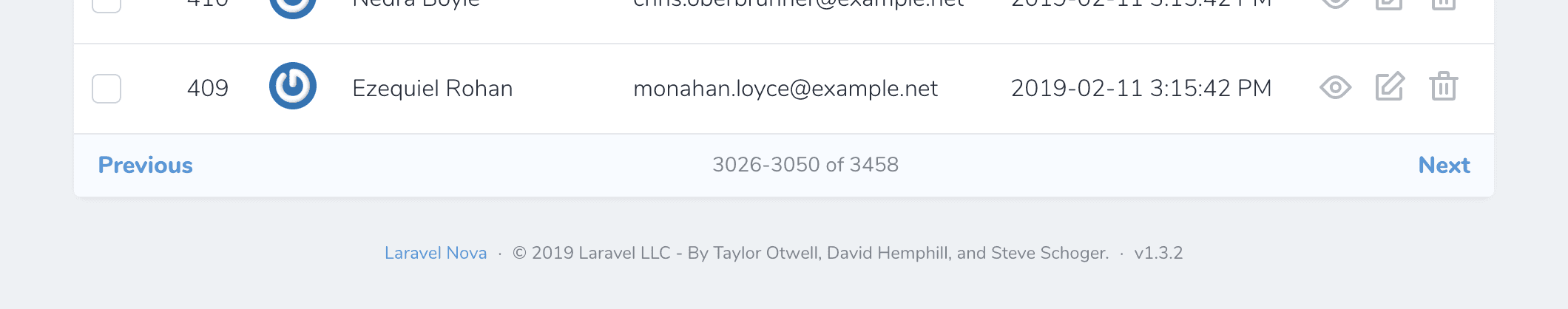 The Laravel Nova interface showing the list pagination.