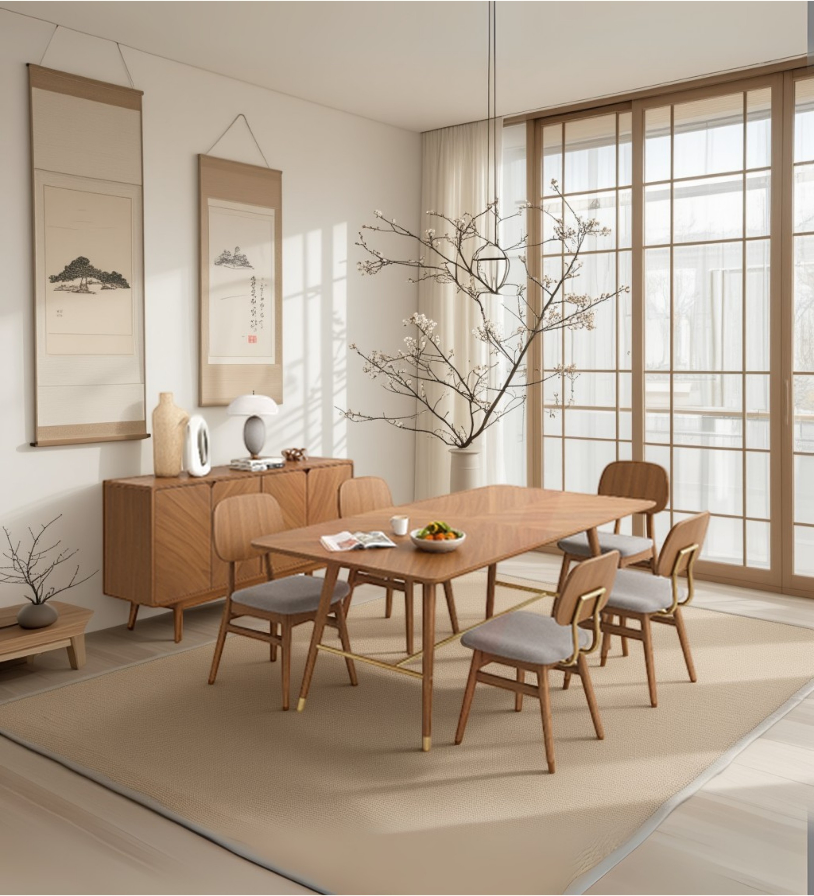 Luxury lounge seating with striped armchairs styled in a minimalist neutral interior