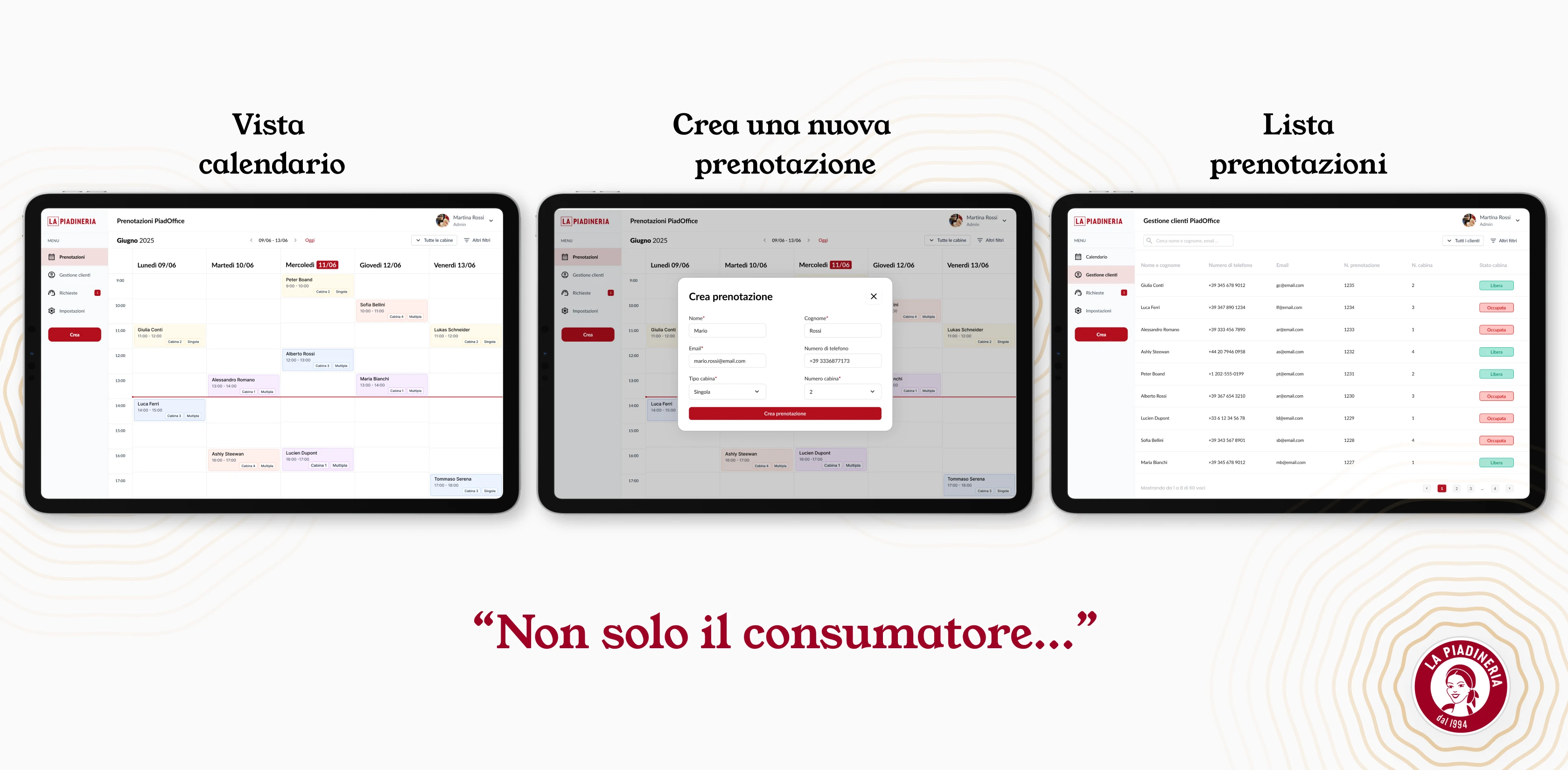 Interfacce principali della dashboard utilizzabile dallo staff per le prenotazioni delle cabine