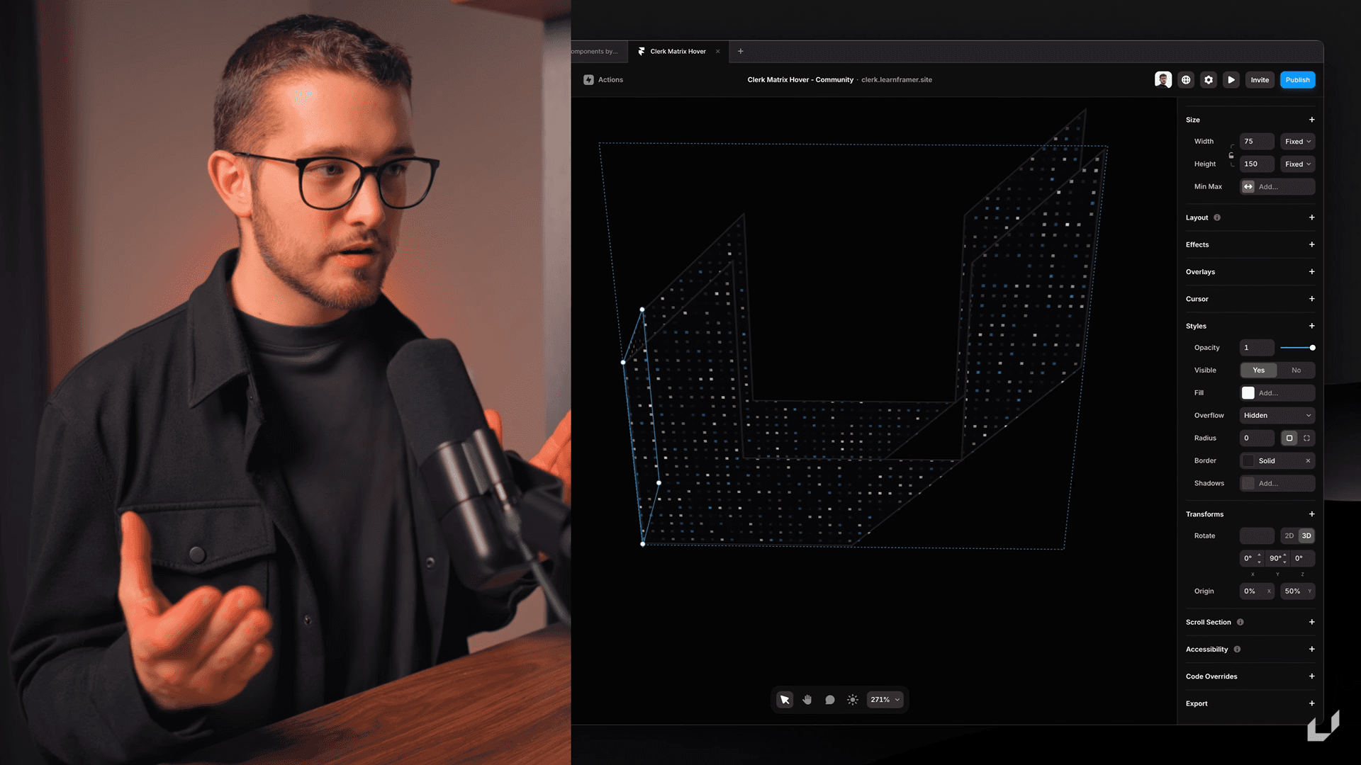 Presenter discussing a Framer interface displaying a 3D matrix design with styling options