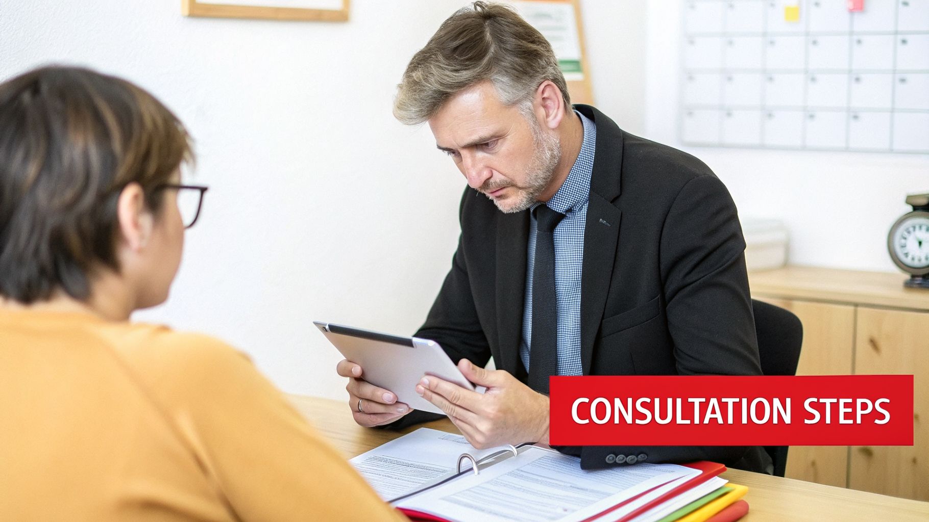 A professional male reviews documents on a tablet during a consultation with a client.