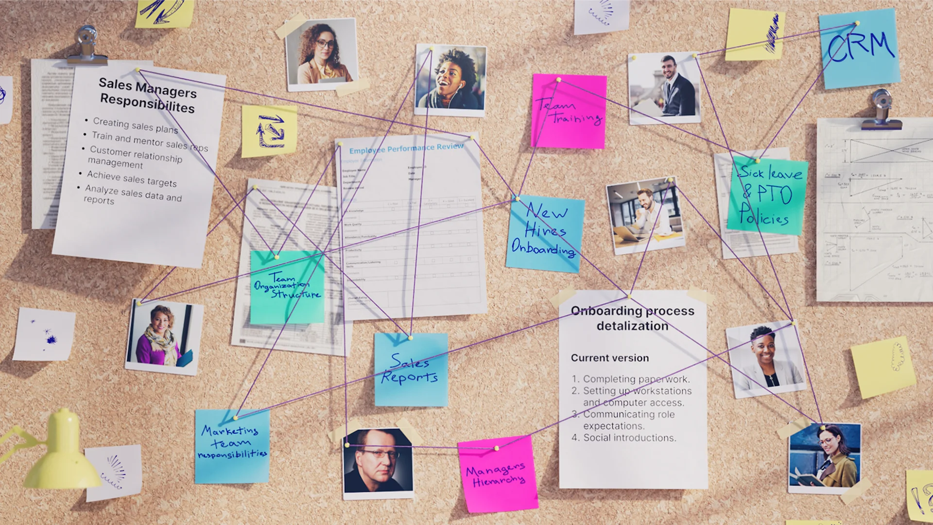 Corkboard concept visualizing complex onboarding workflows with connected elements, used in explainer video for SaaS training platform