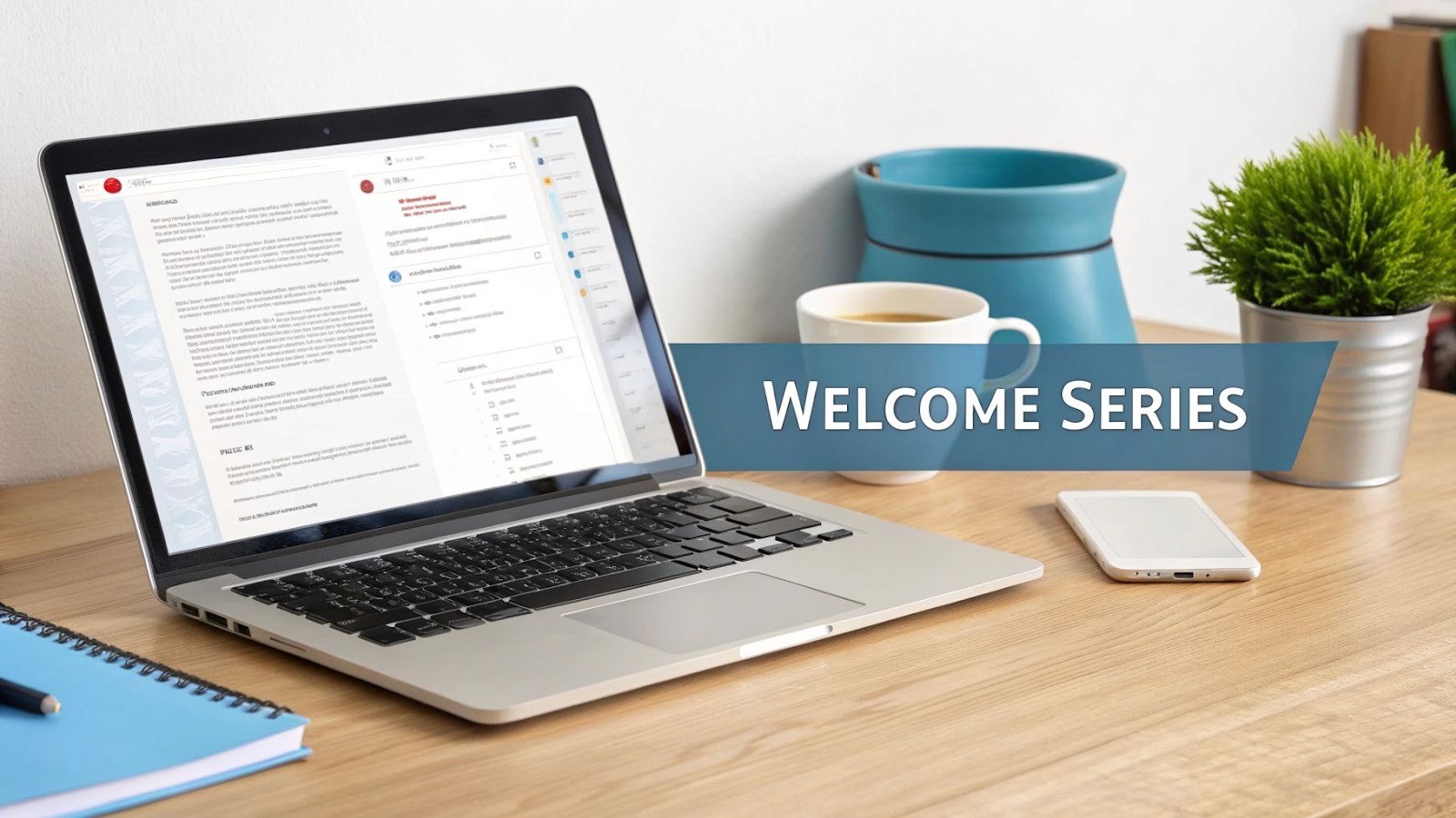 A laptop on a wooden desk displays content, with a 'WELCOME SERIES' banner, coffee, and plants.