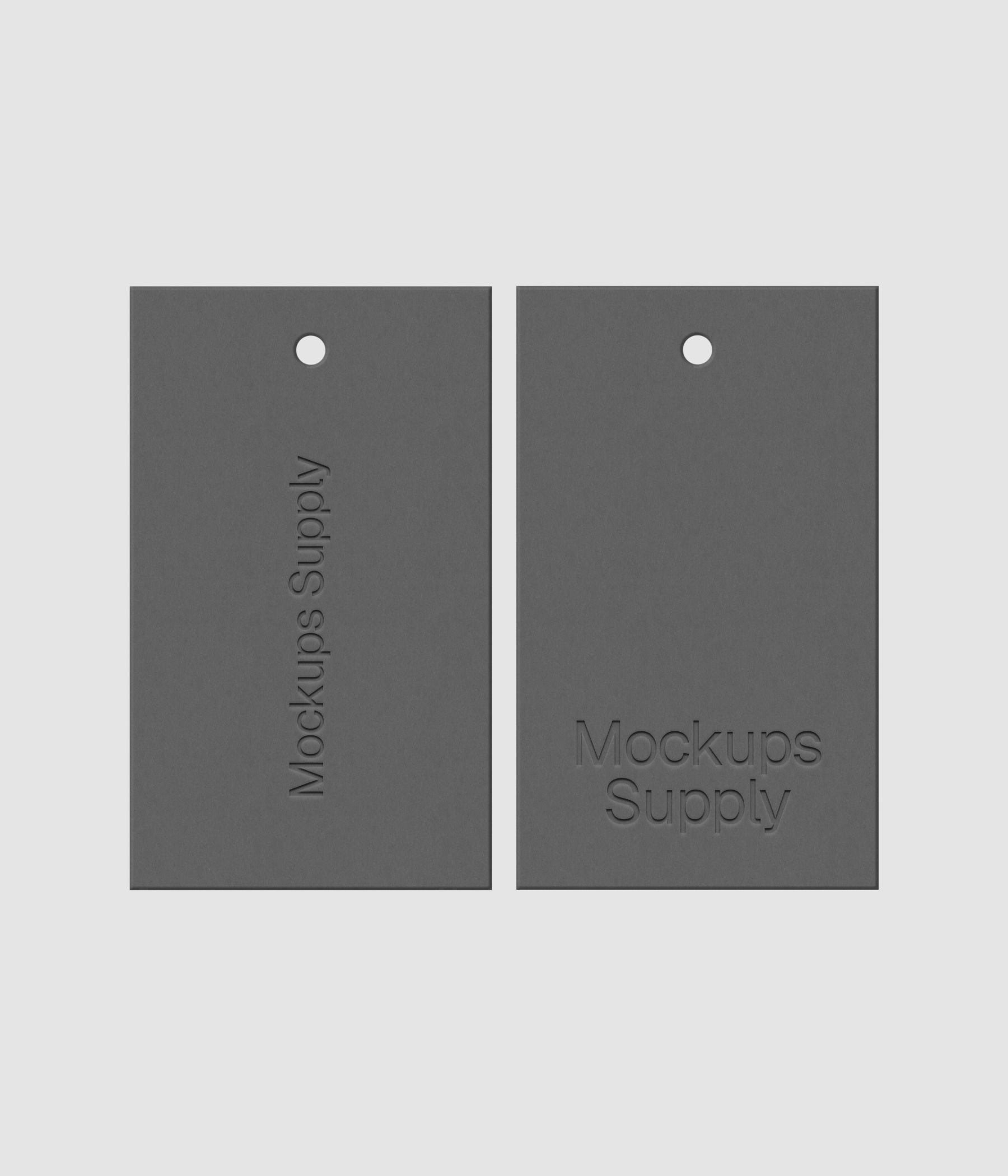 Two gray 3x5 hang tags mockup on white background with realistic debossed logo effect for Photoshop download psd