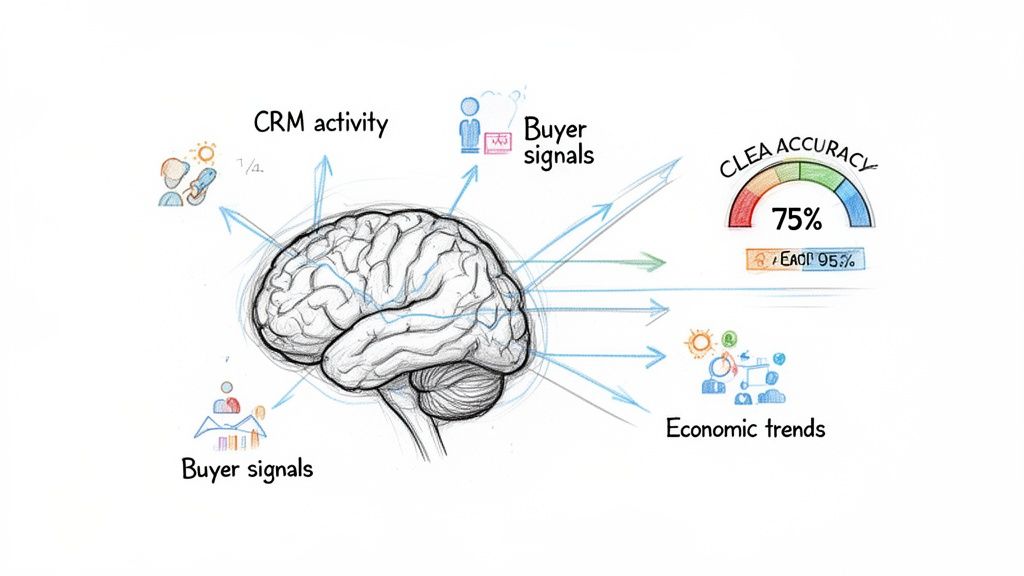 Illustration of a brain analyzing CRM, buyer signals, and economic trends to achieve 75% accuracy.