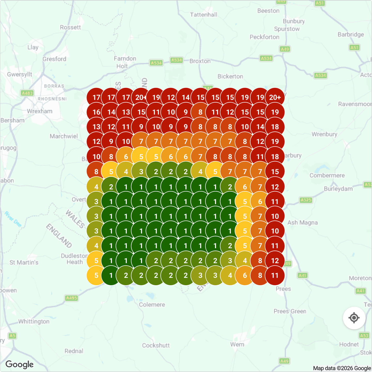 Map scan for "will writing services" near Wrexham, 17 September 2026: Wales and North West Legal first, second or third across the centre of the area around Hanmer, Overton and Whitchurch, average map position 6.33