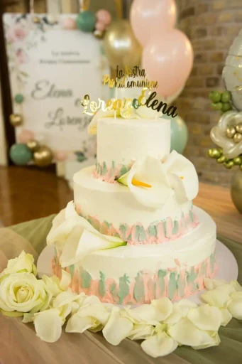 a three tiered cake with figs on top of it