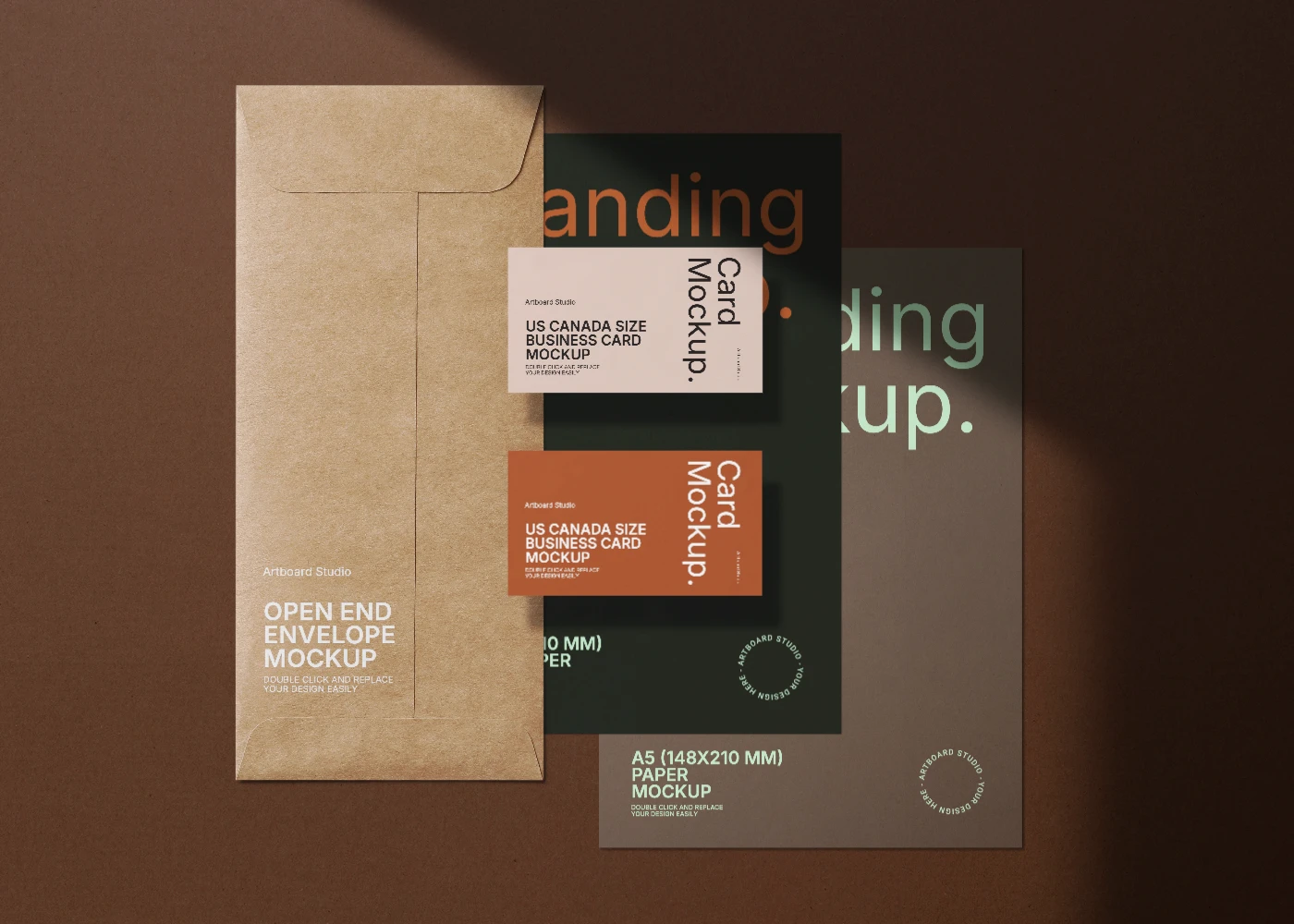 Business card mockup with letterhead and envelope