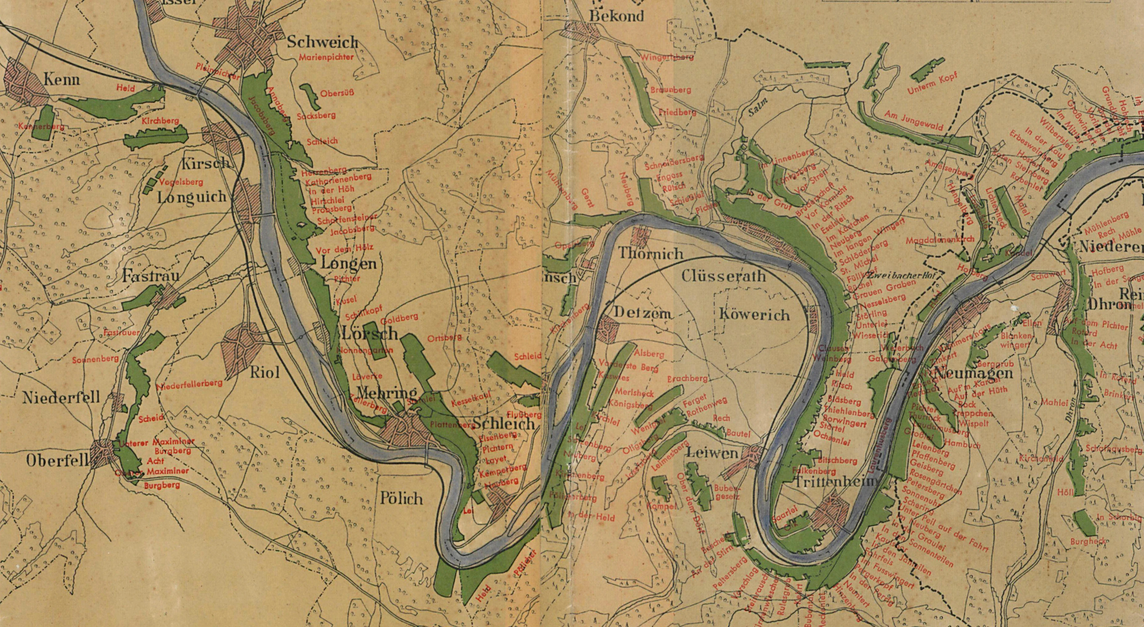 A detailed vintage-style map depicting winding rivers and rural landscapes against a light brown background.