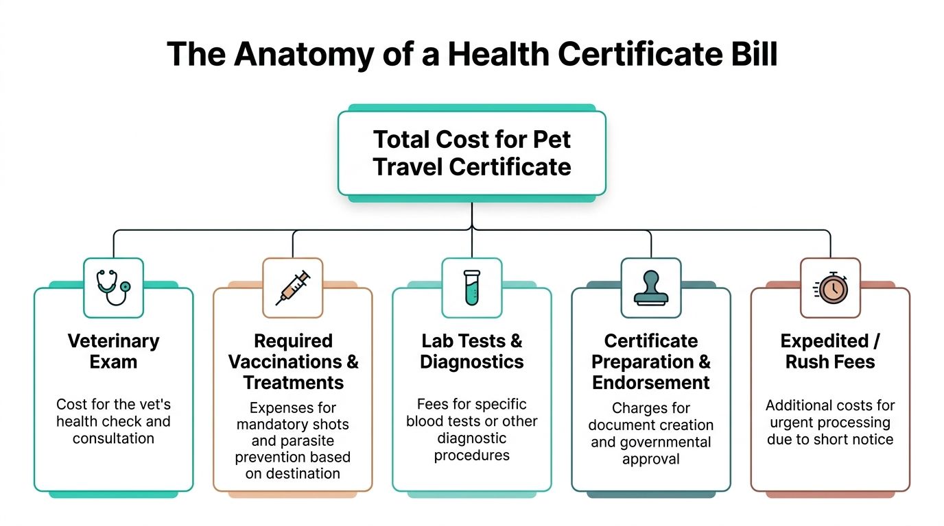 A diagram outlining the five main components that make up the total cost of a pet travel certificate.