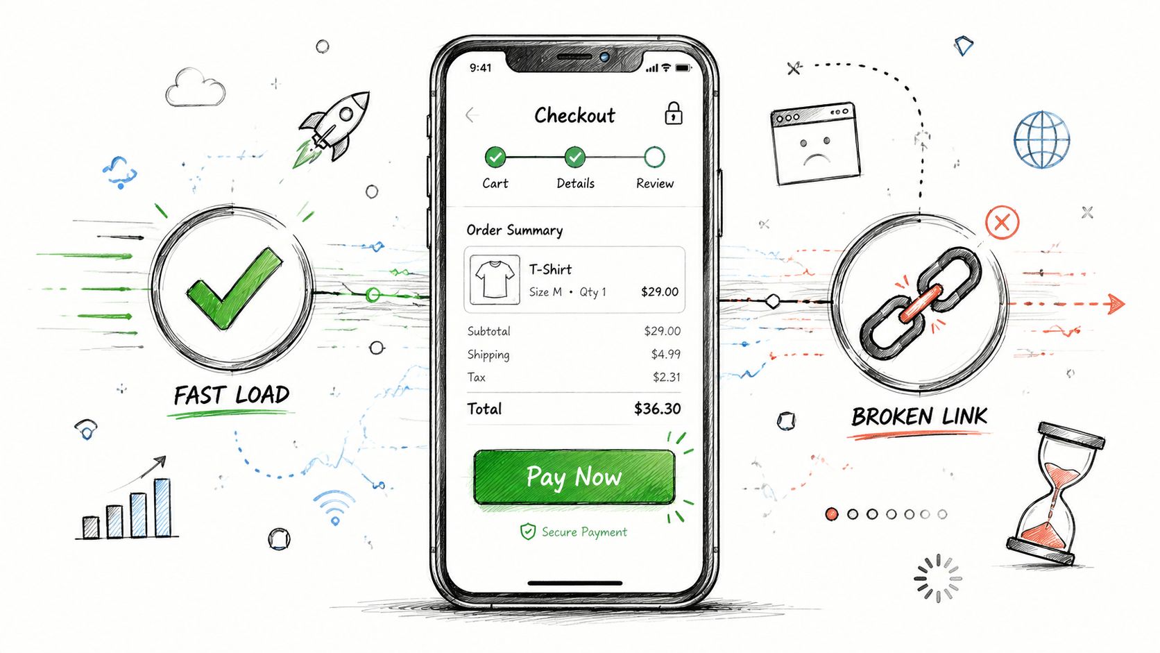 A smartphone showing a checkout page interface comparing fast loading versus broken link website issues.