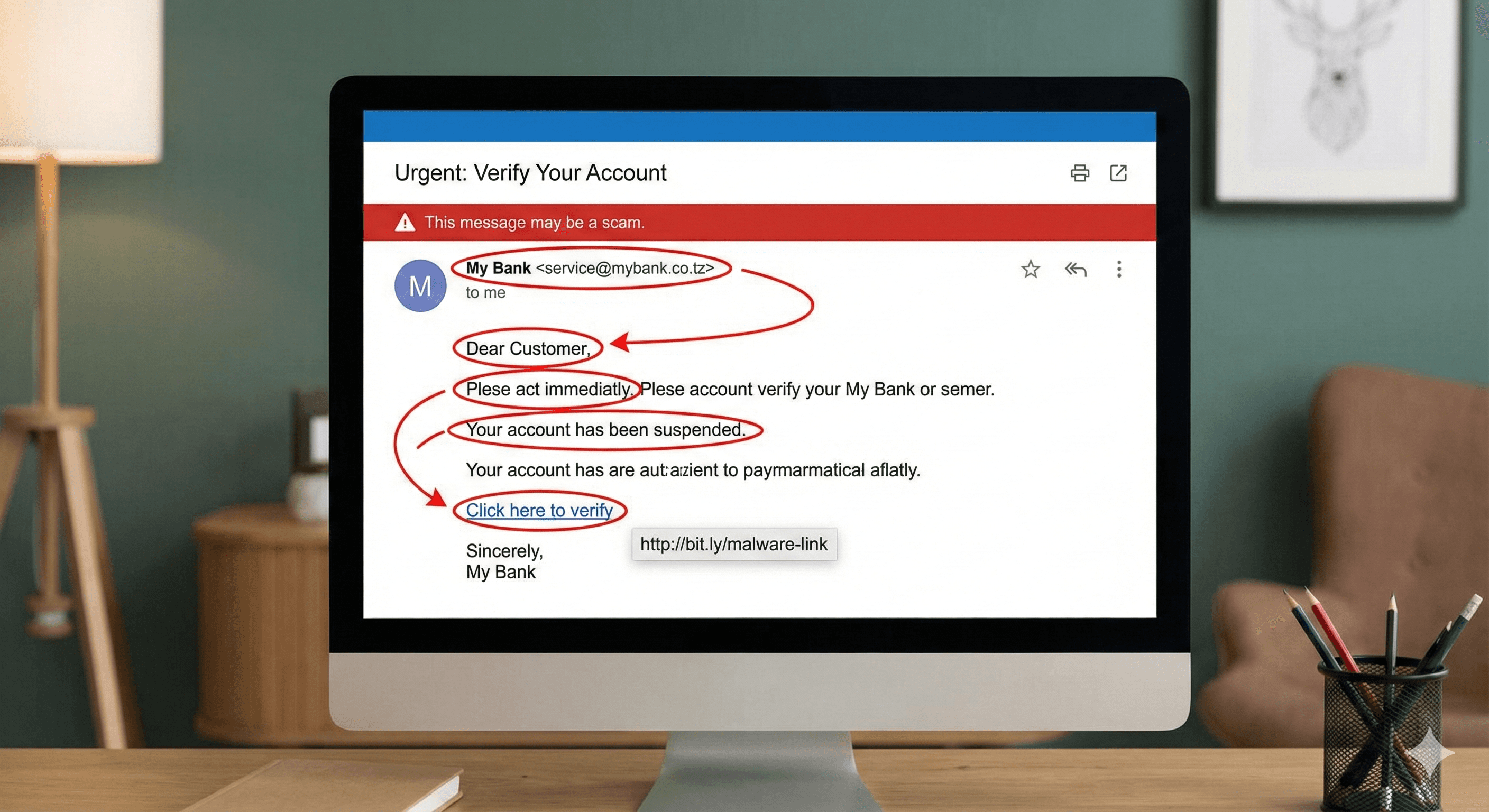 Computer screen showing an example of an email phishing scam