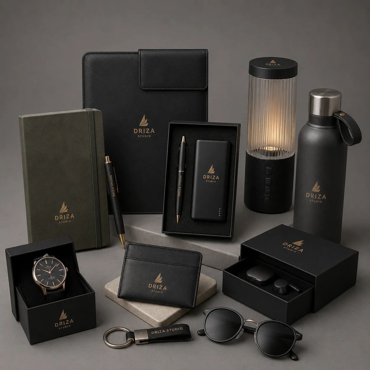Colección de merchandising corporativo premium con accesorios personalizados y packaging exclusivo