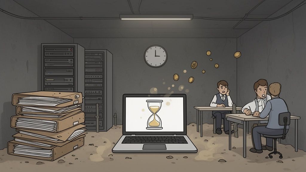 A server room with a laptop displaying an hourglass, men working at desks, and floating coins.