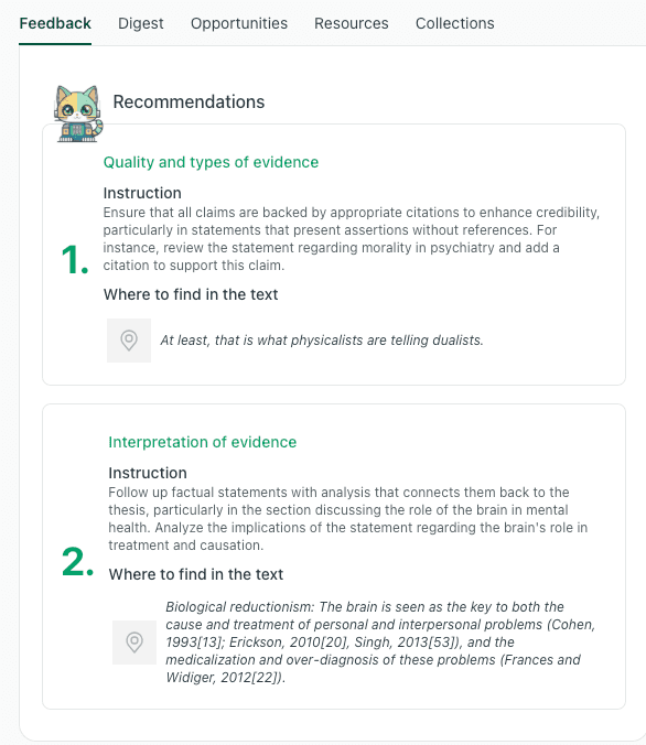  Recommendation panel instructing a writer to follow up factual statements with analysis that connects to the thesis.