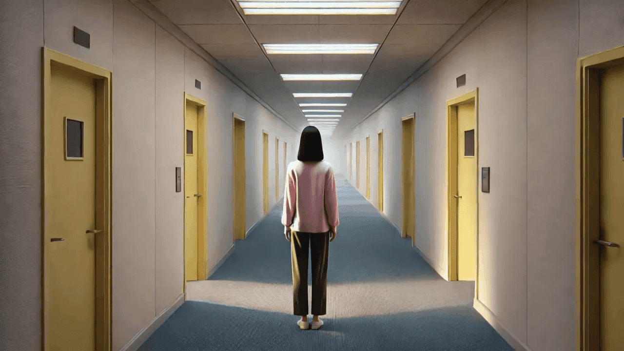 A person stands in a long hallway with multiple identical doors, symbolizing choice, uncertainty, or ambiguity.