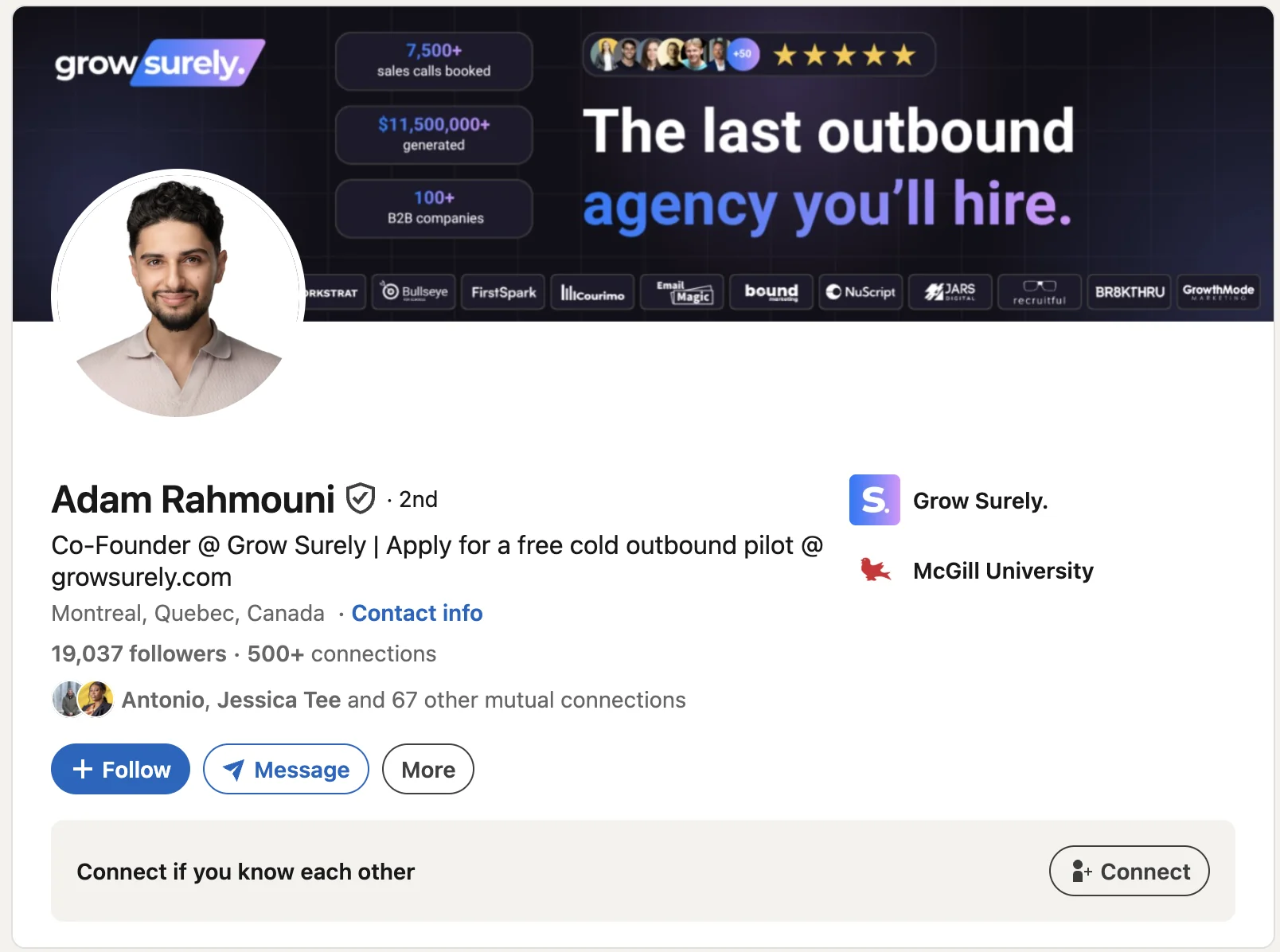 LinkedIn profile: Adam Rahmouni, co-founder of Grow Surely and Clay Experts