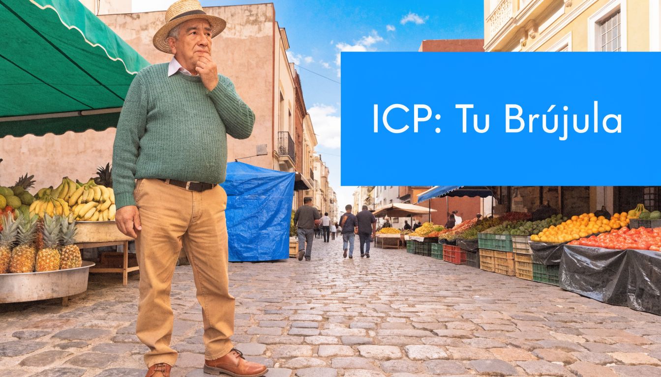 Un hombre mayor con sombrero posando en un mercado al aire libre frente a puestos de frutas.