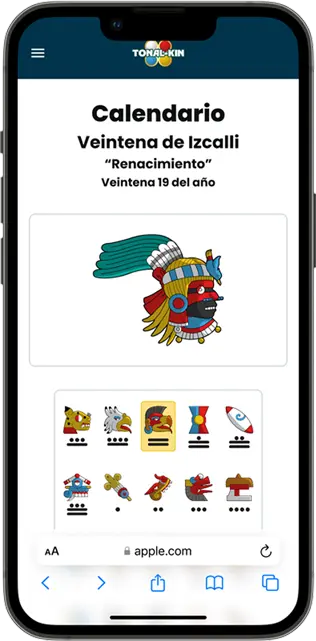 Maqueta de smartphone que muestra la interfaz del calendario de Tonalkin; se observa una cuadrícula organizada con los veinte signos nahuas de la veintena en curso, permitiendo una navegación intuitiva por el ciclo cronológico mesoamericano.