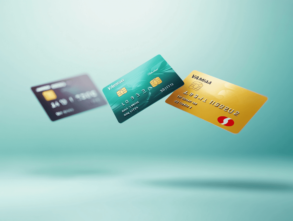 Three credit cards floating above a subtle gradient background.