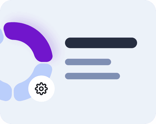 A stylized data chart features a circular purple and light blue graph on the left, resembling a pie chart, with a gear icon, alongside three horizontal bars of varying lengths in dark and light shades of blue on a light gray background.