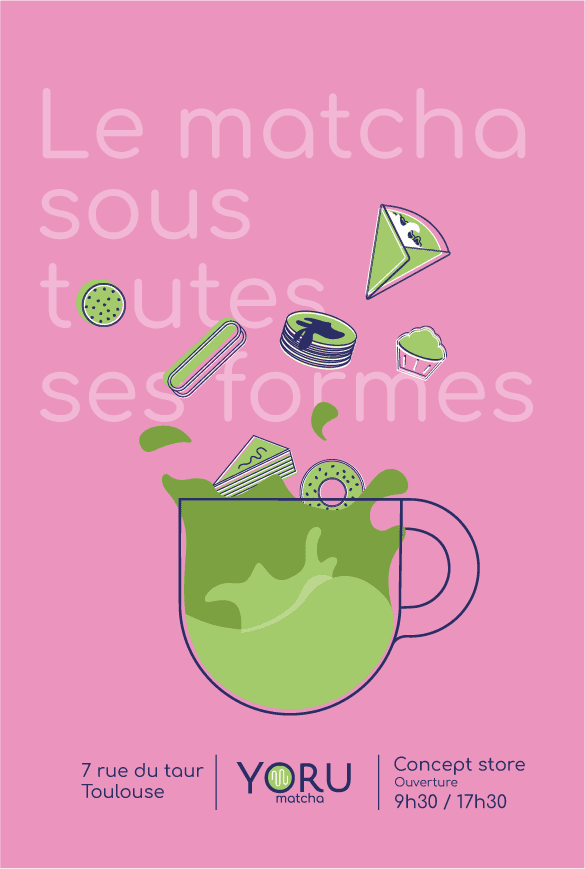 Affiche promotionnelle  vectoriel bleu rose et vert avec une tasse en plein millieu entourés de stickers 
