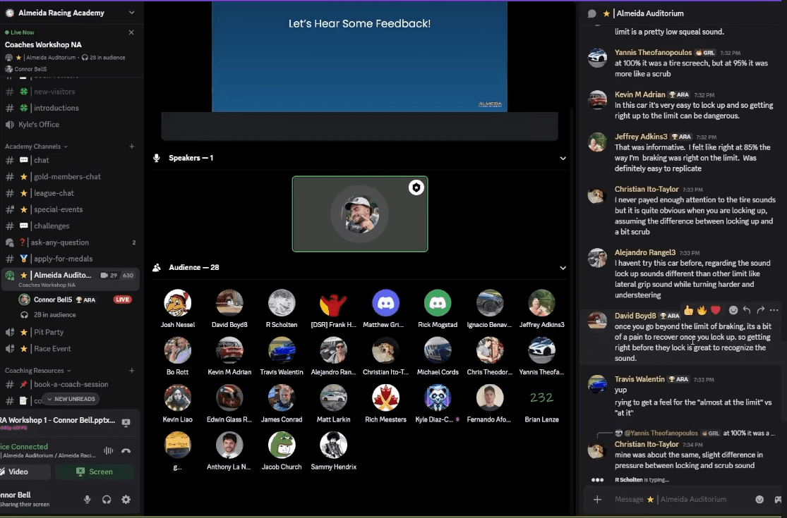 Live sim racing workshop explaining racecraft and car behavior