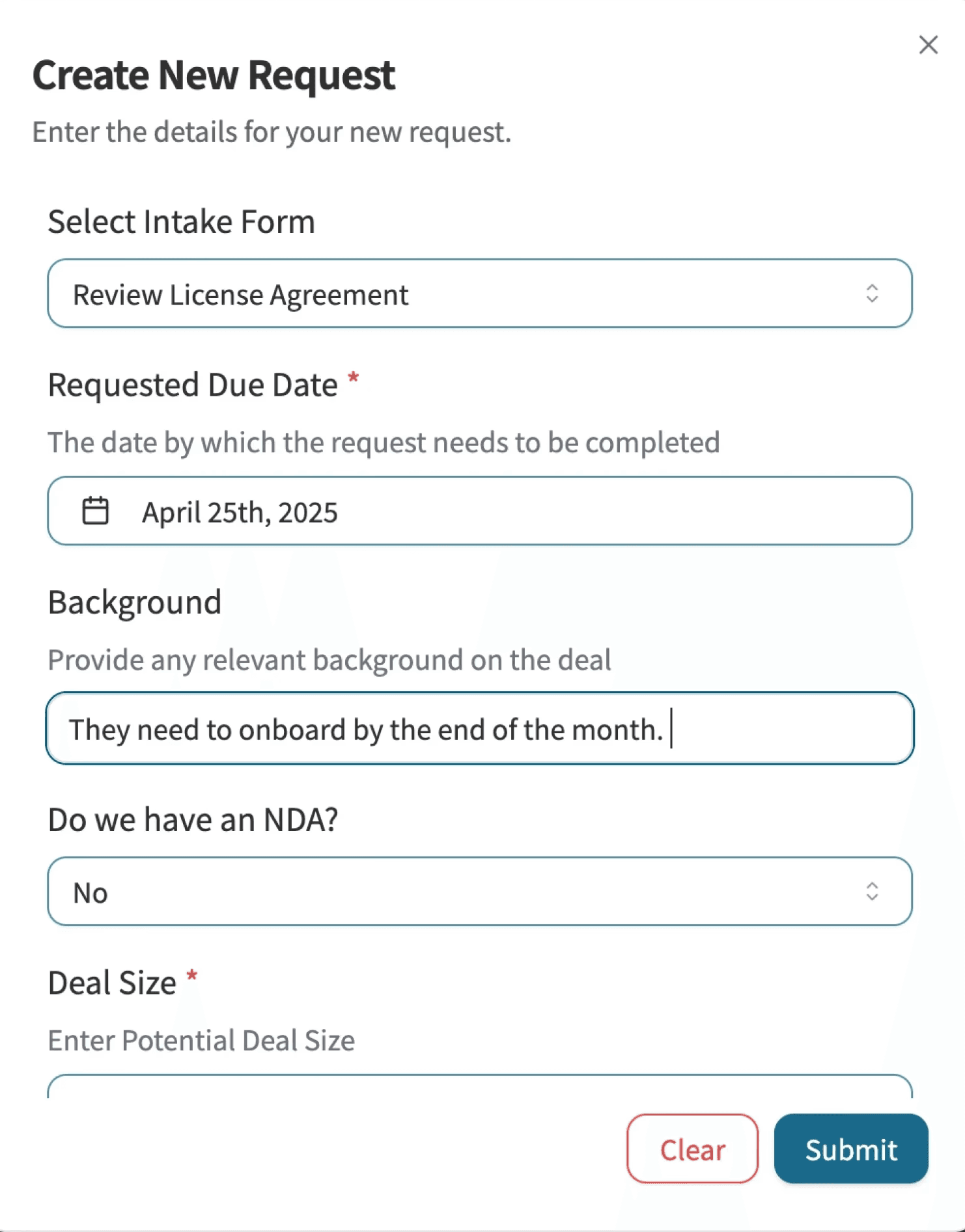 Image shows request form for legal assistance.