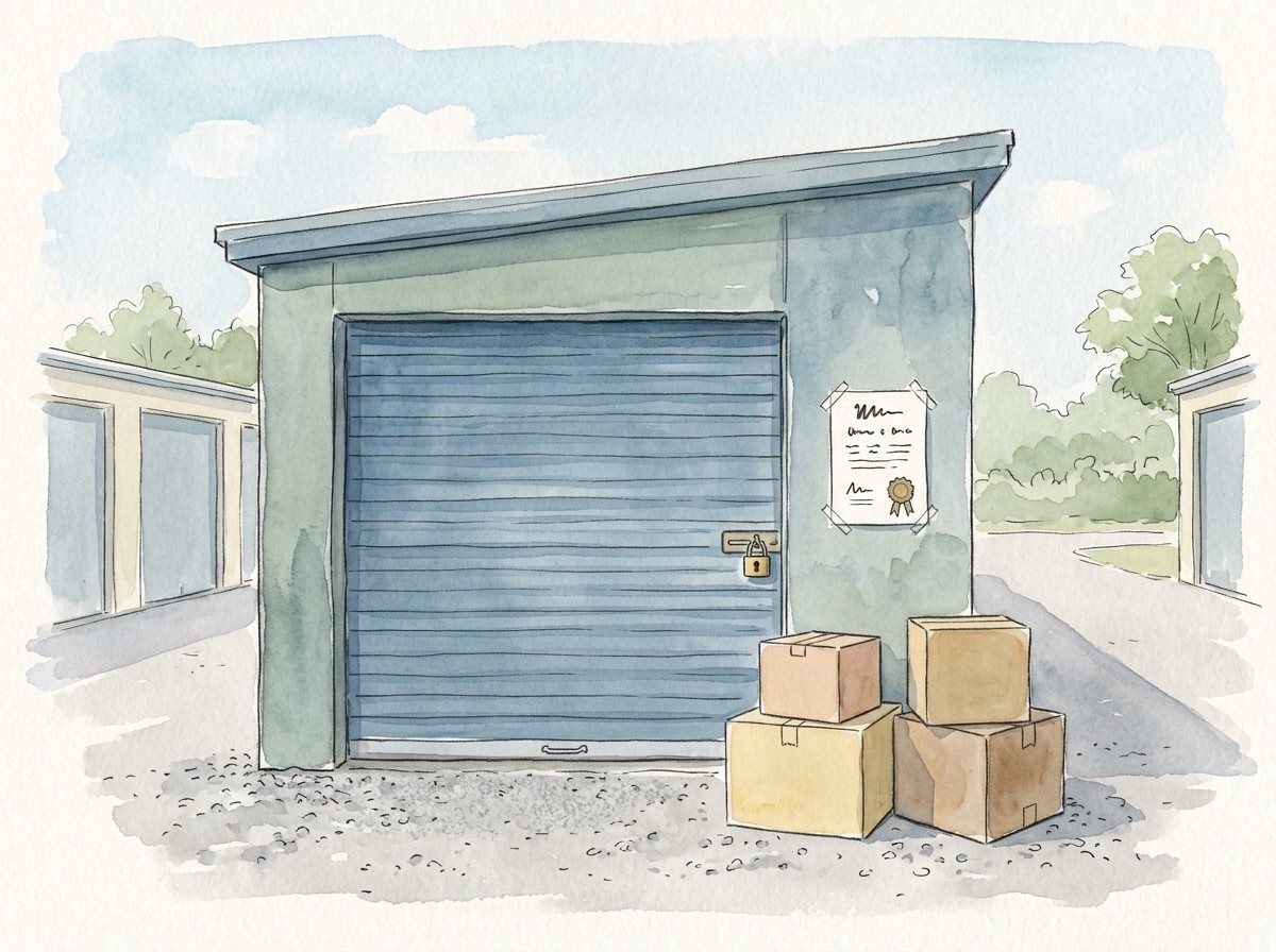 Watercolour of a self-storage unit with cardboard boxes outside and a lien notice posted on the door.