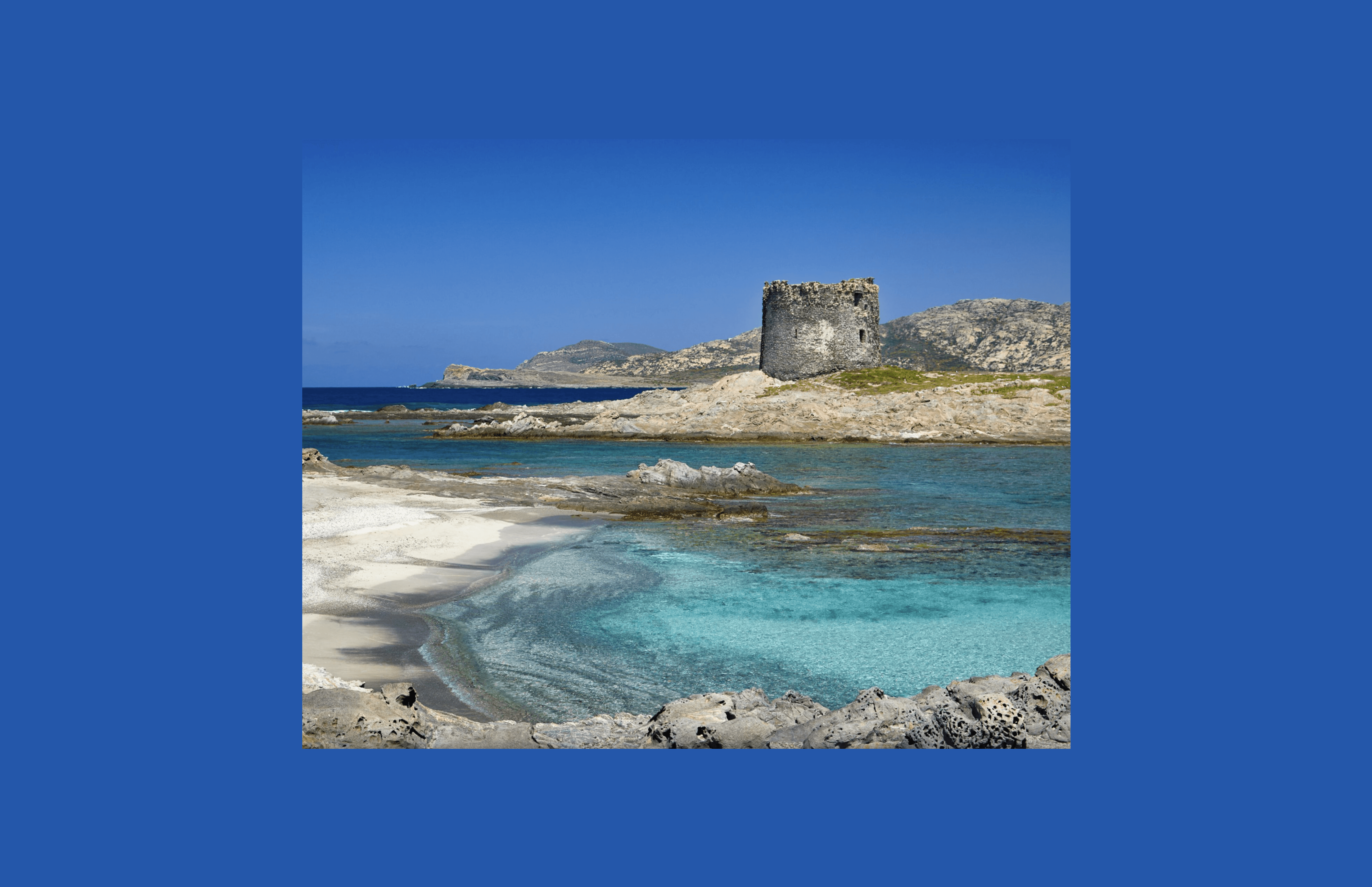 La Pelosa Beach near Sassari, Sardinia, Italy. Turquoise water and a historic watchtower on the island's northwest coast, one of Europe's most famous beaches.