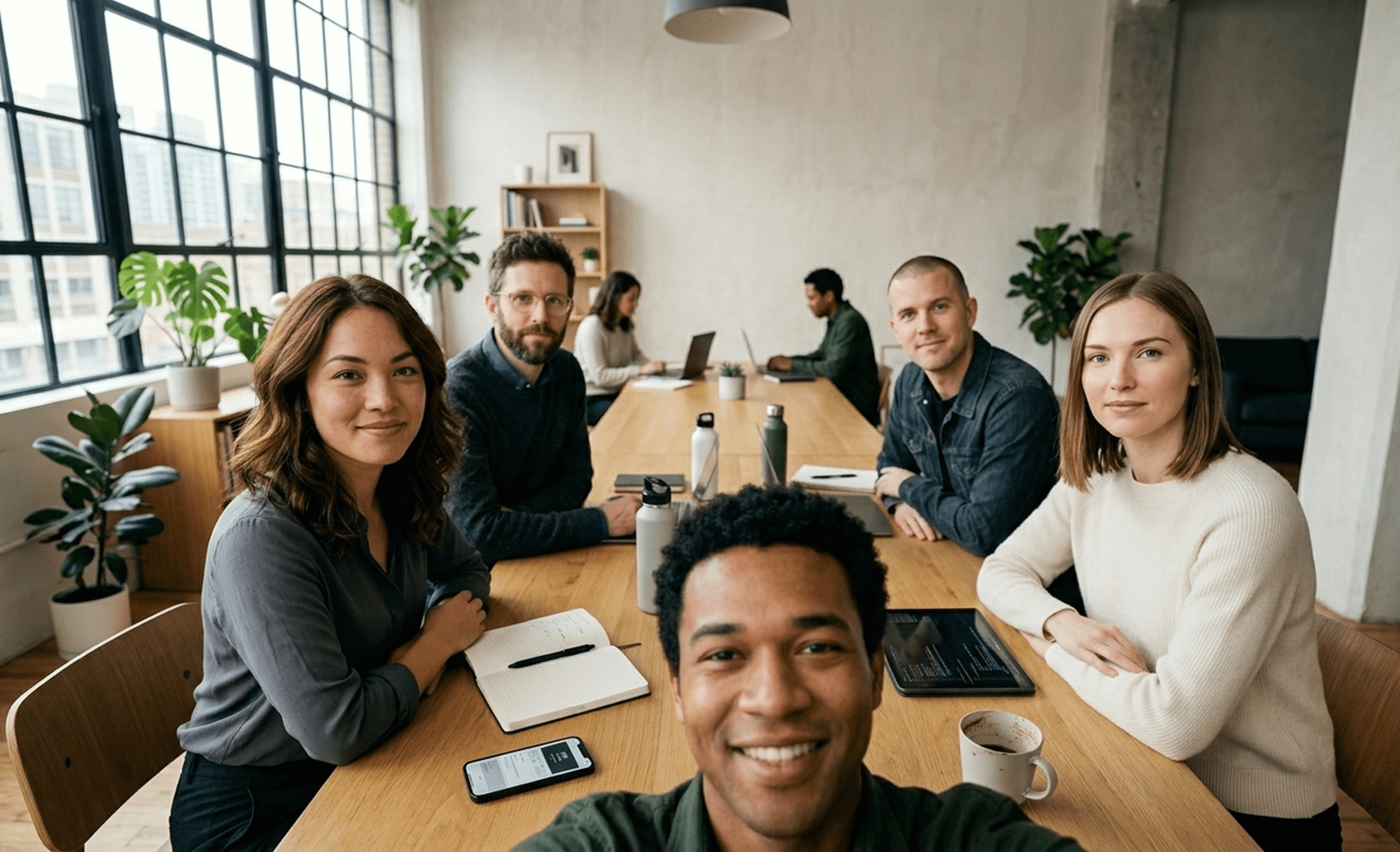 Team sitting together at a long table looking toward the camera