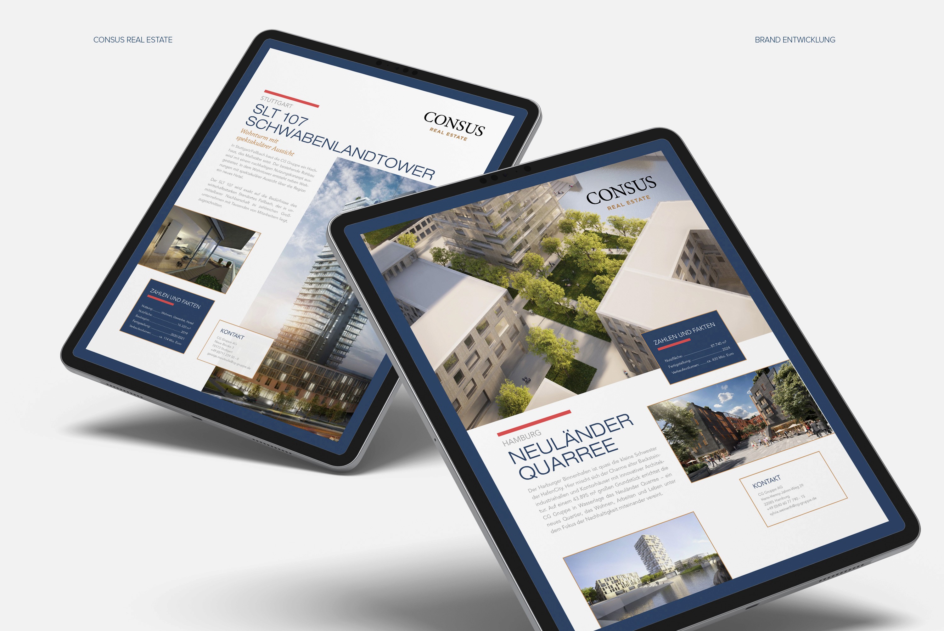 Editorial Design für Unternehmensberichte von Consus Real Estate – strukturierte Seiten, großzügige Weißräume und klare Markenführung.