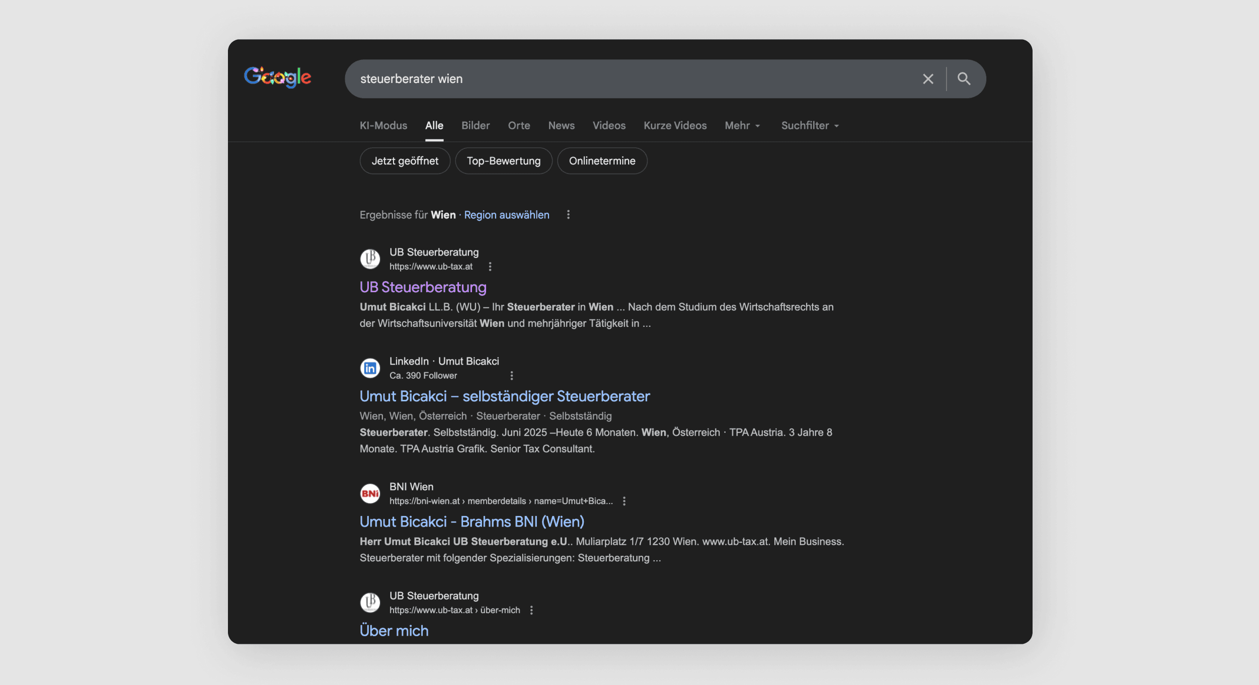 Google Suche Screenshot für SEO Sichtbarkeit