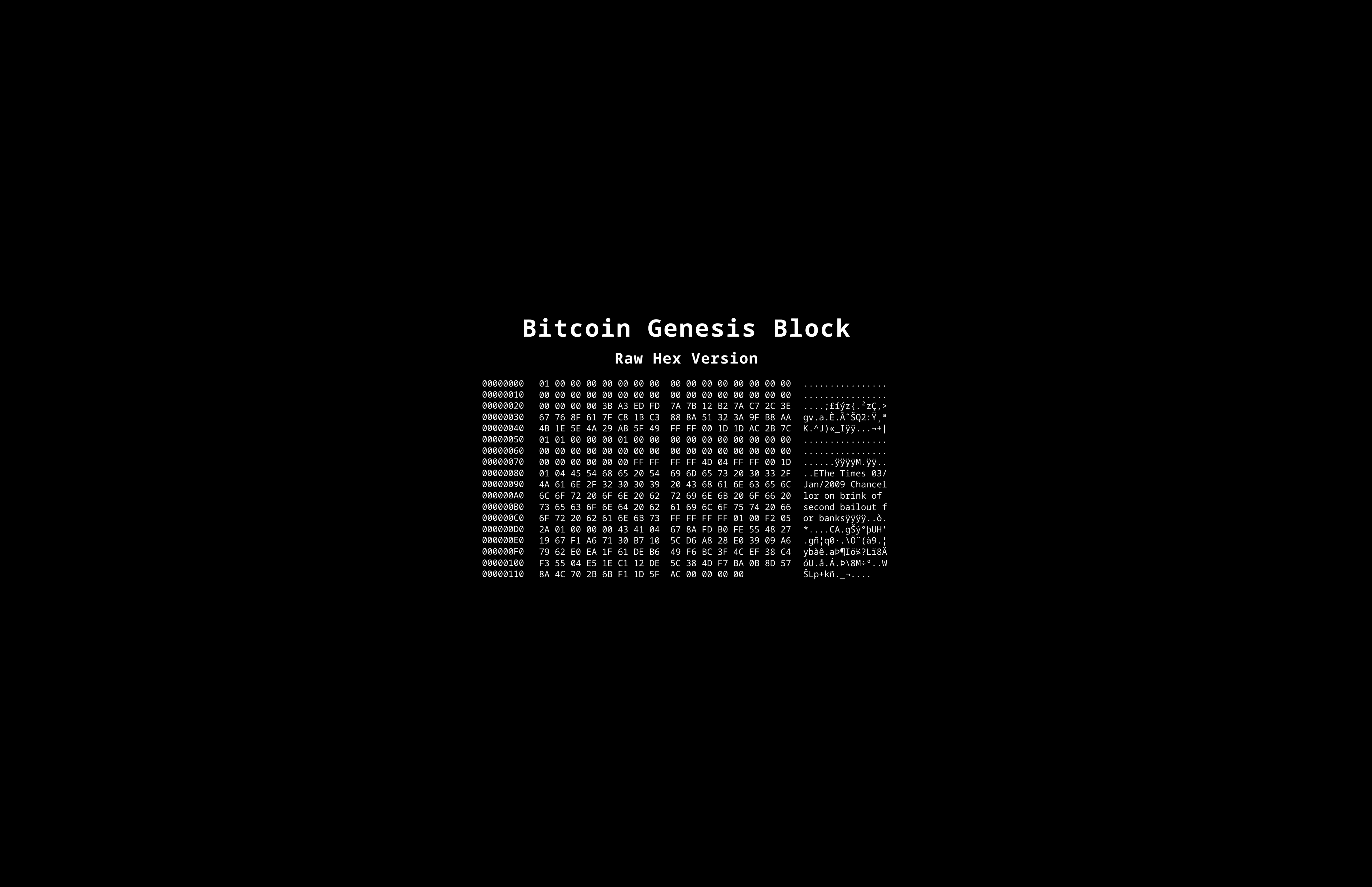 Raw hexadecimal data from Bitcoin's Genesis Block, the first block in the Bitcoin blockchain created in January 2009.