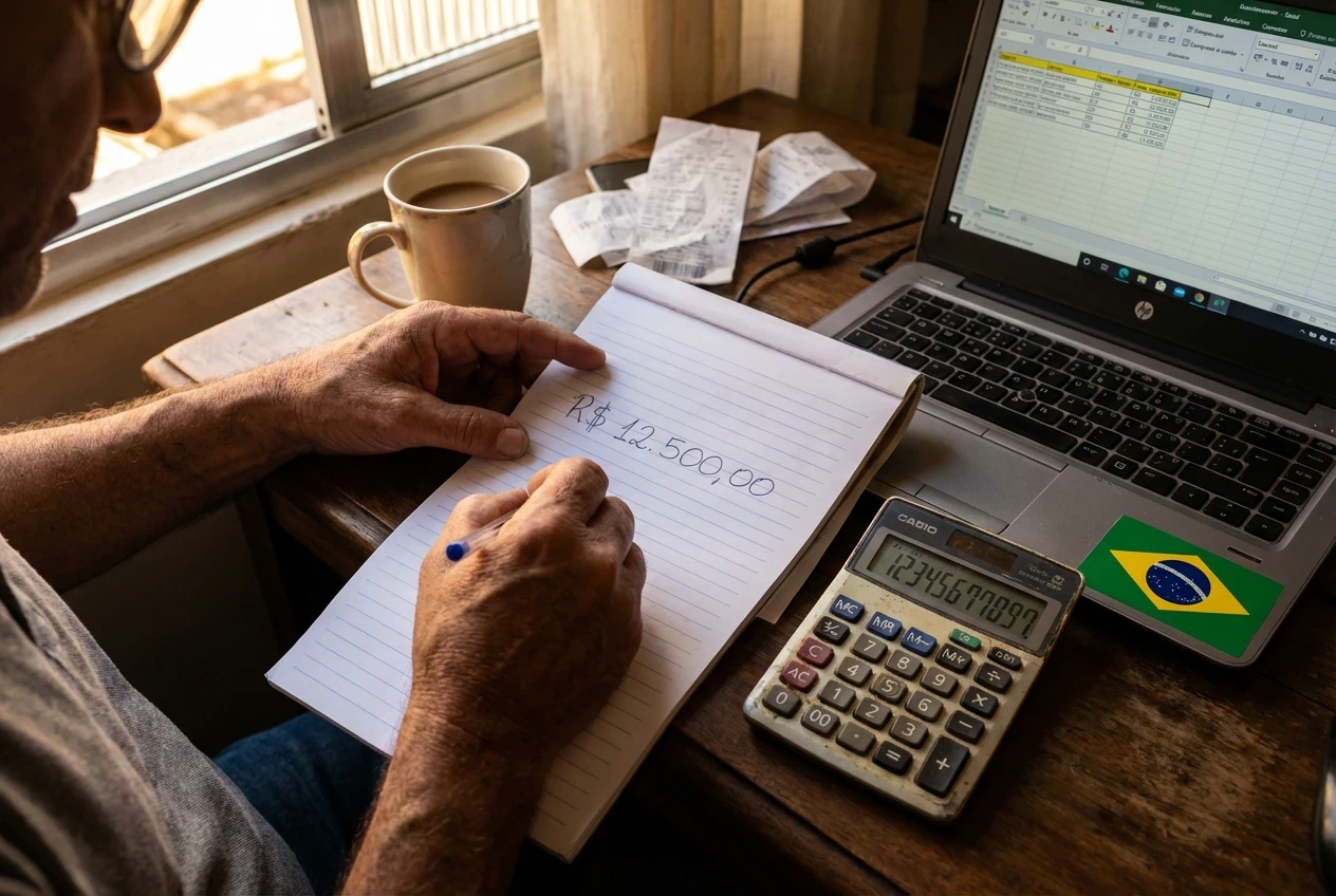 Empresário brasileiro anotando valor em reais no caderno ao lado de calculadora e planilha, representando o cálculo de receita perdida por falta de marketing estruturado