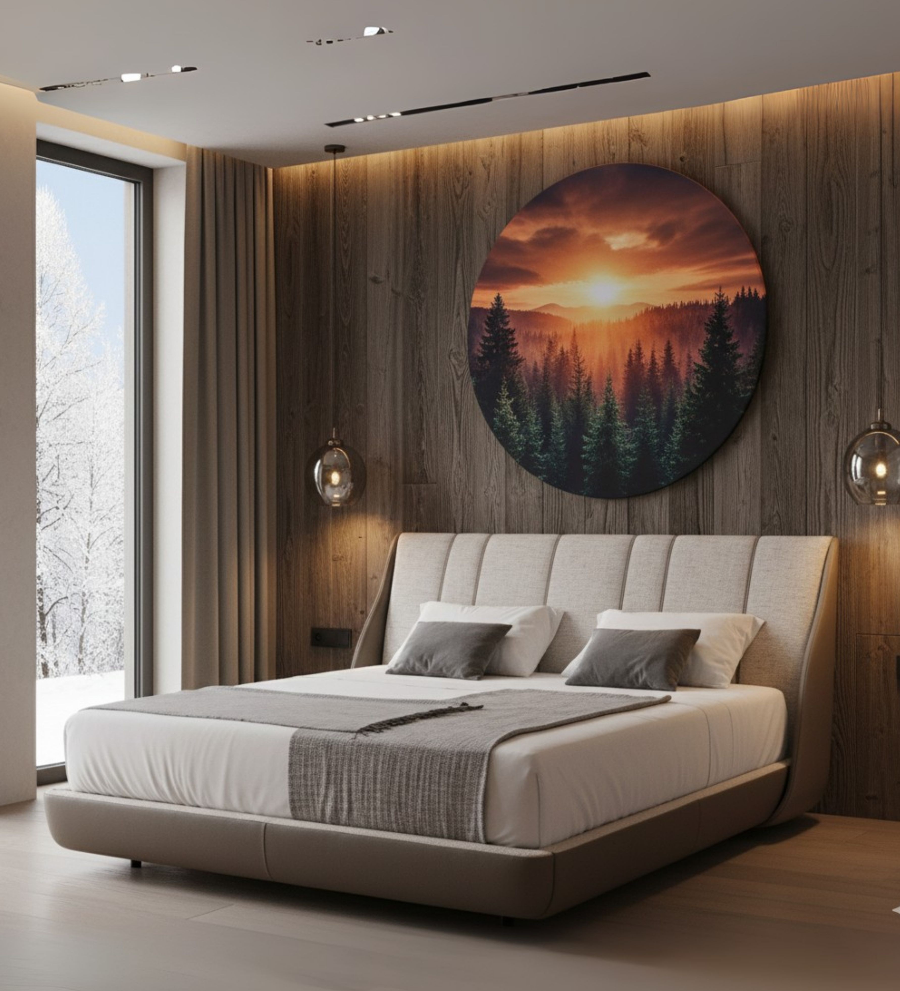 Upholstered bed with wide headboard panel, layered cushioning, and linear detailing