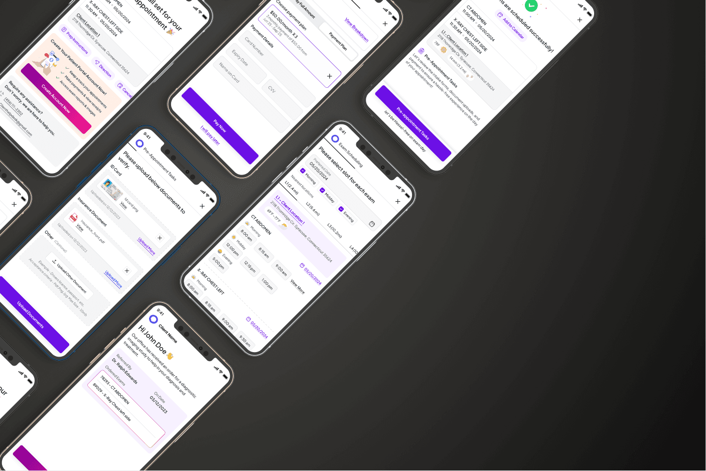 Mockup image of six mobile showcasing ui screens of redesigned patient portal project.