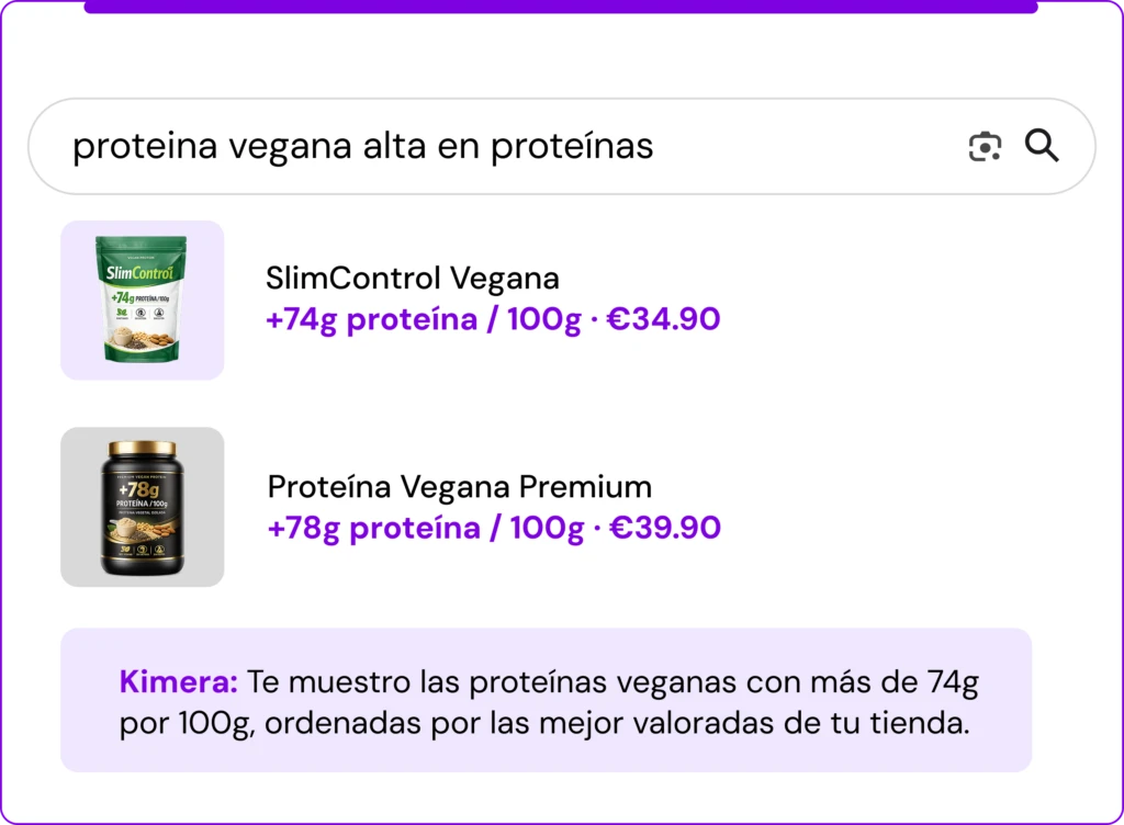 Buscador de Kimera mostrando proteínas veganas con más de 74 g de proteína por 100 g