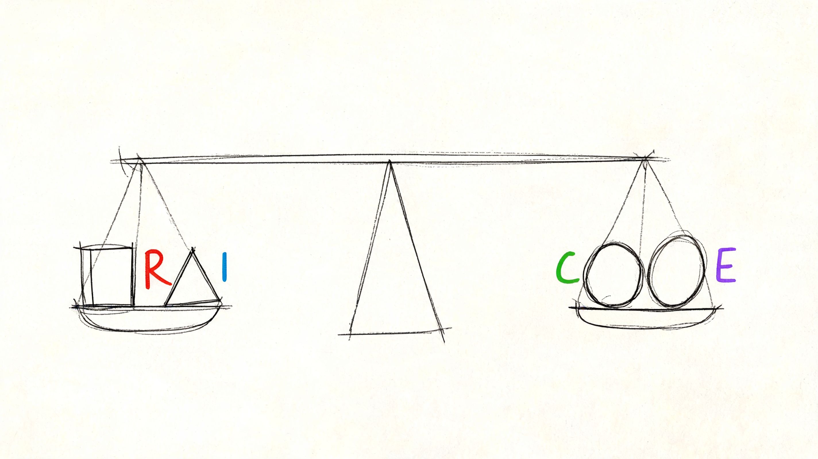 A hand-drawn sketch of a balance scale with shapes and letters representing a concept of equilibrium.