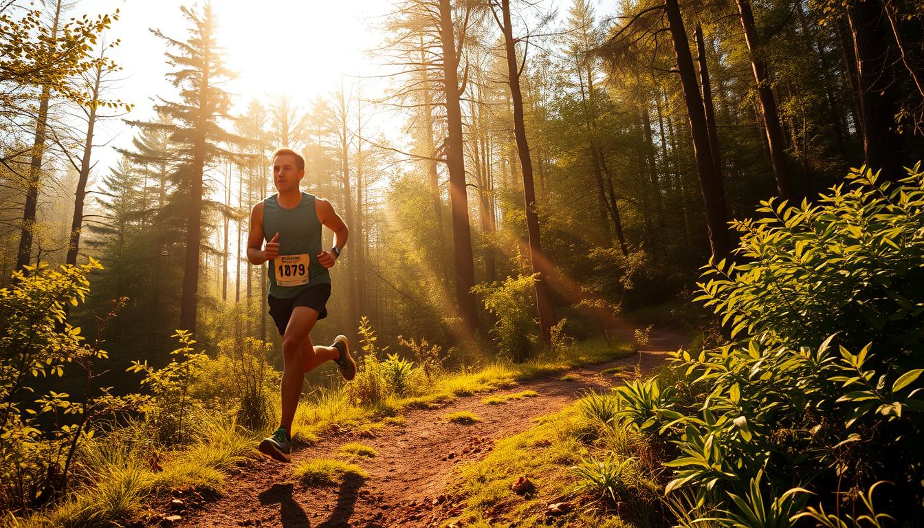 A scenic vista of a long-distance runner tackling a challenging trail, their determined strides propelling them forward against the backdrop of a serene, sun-dappled forest. Rays of warm light filter through the canopy, casting a soft, golden glow that highlights the runner's fluid movements and the verdant foliage around them. The path twists and turns, testing the runner's endurance as they push towards the finish line, their face etched with focus and resolve. This image captures the essence of the marathon training journey, the significance of long-distance runs in preparing the body and mind for the ultimate test of endurance.