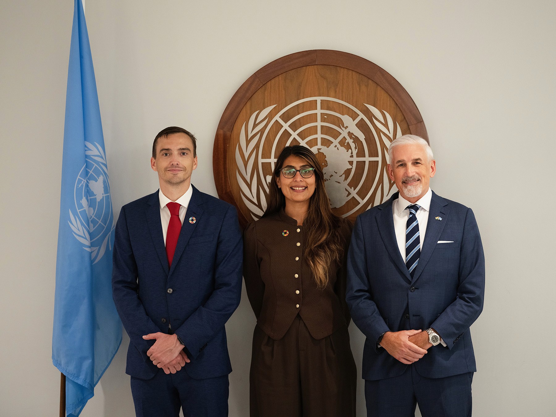 Faces of Impact Artem Shestakov, Dr. Priyanka Chahal with Shombi Sharp at United Nations Headquarters in New York